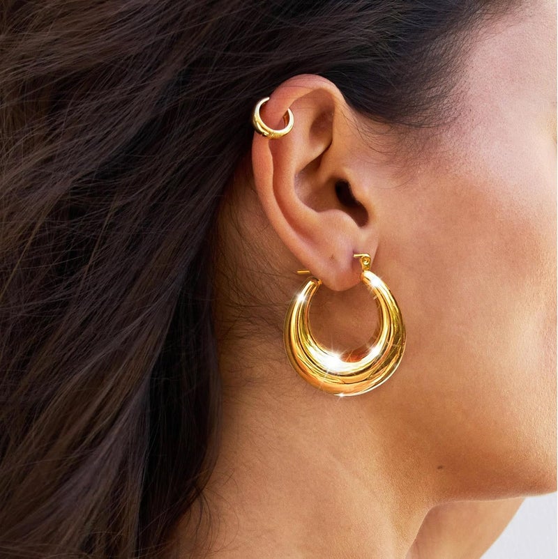 Tewiky Chunky Gold Hoop Earrings for Women, 14k Gold Plated Thick Triple Hoop Earrings Hypoallergenic Trendy Chunky Gold Hoops Earrings Dainty Jewelry Gifts for Women - Image 4